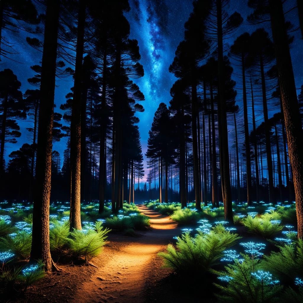 Bioluminescent Path Through Pine Forest at Night
