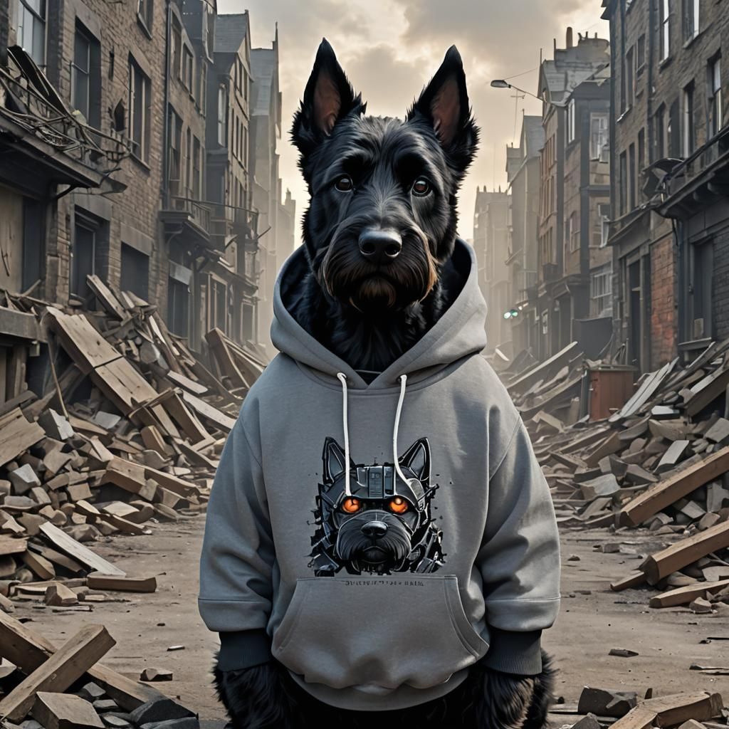 Cyborg Scottish Terrier in War-Torn City
