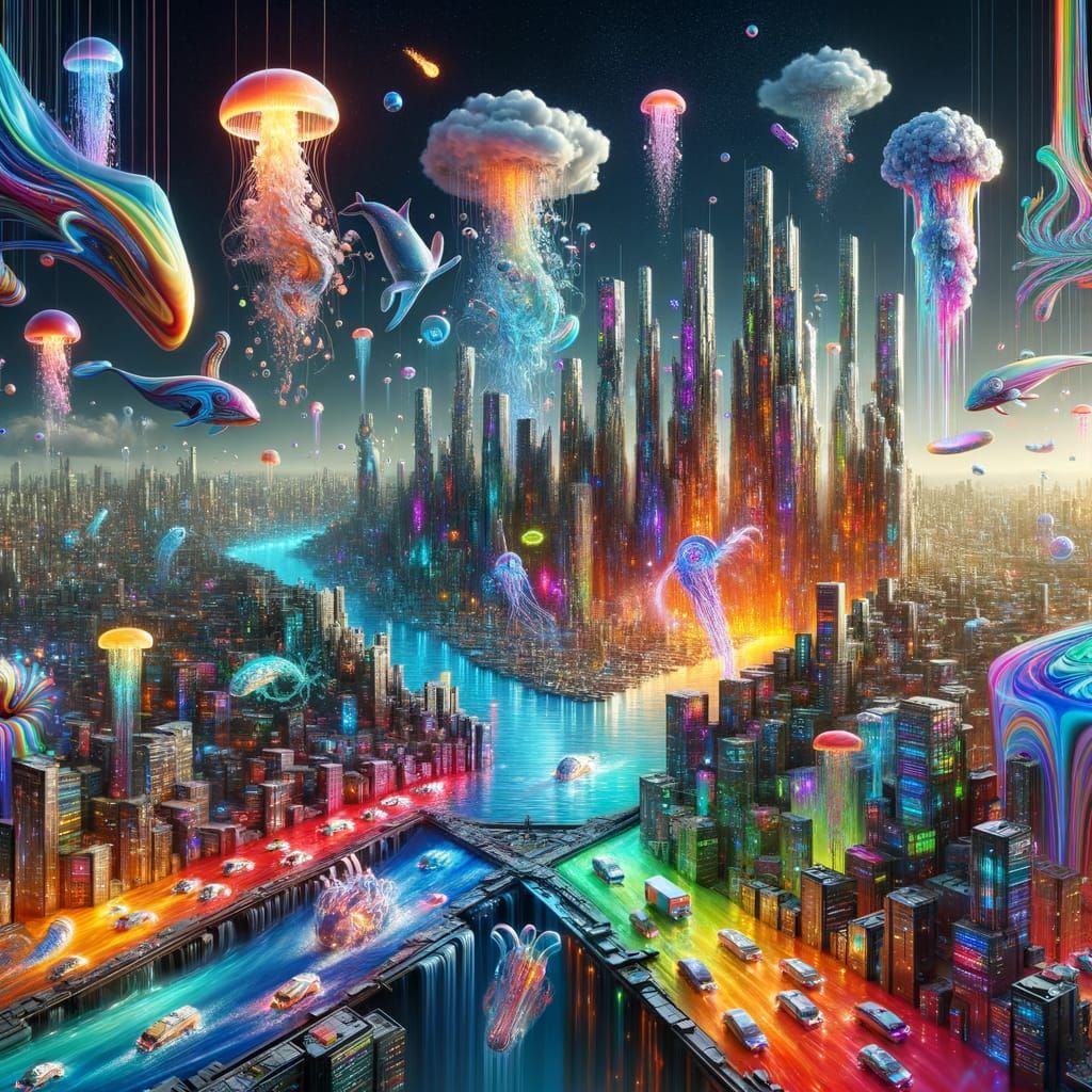 Hyper-Surreal Liquid City with Neon Rivers and Flying Creatu...