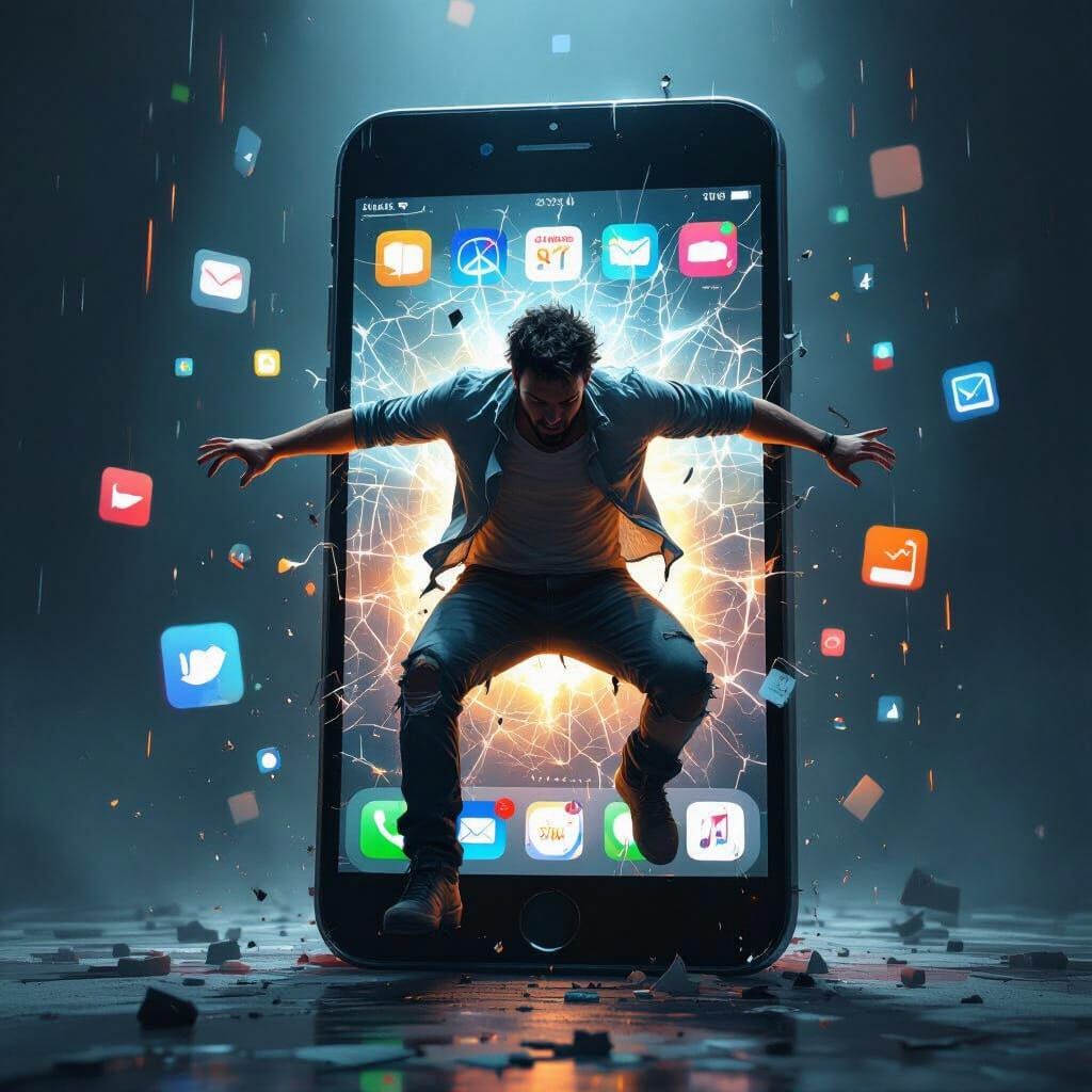 Man Trapped Inside Smartphone Screen in Hyper-Realistic Styl...