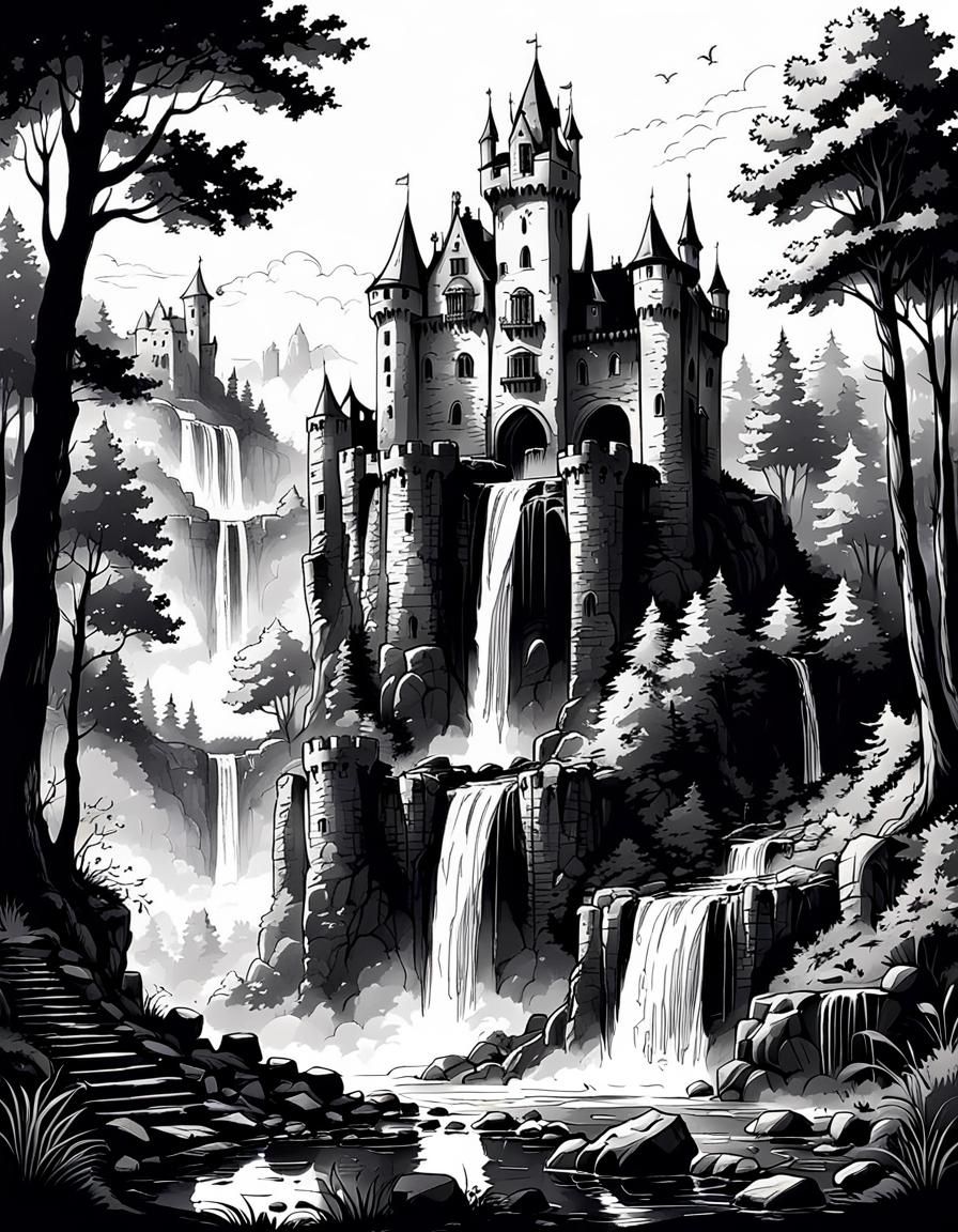 Castle Ruins in Forest: Storybook Ink Illustration