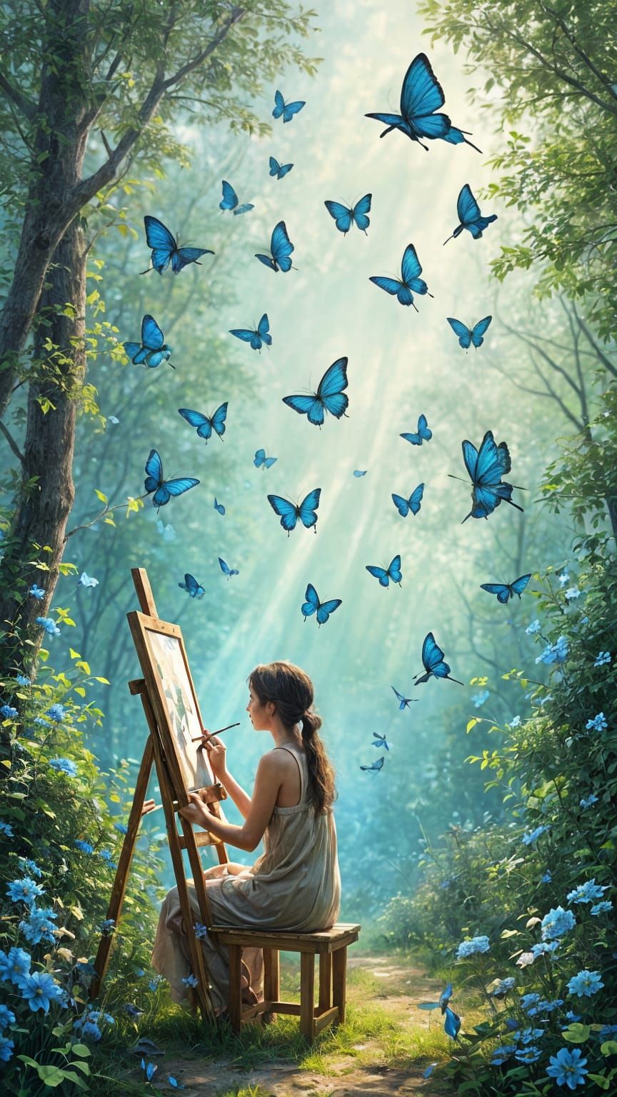 Romantic Painter Surrounded by Blue Birds and Butterflies