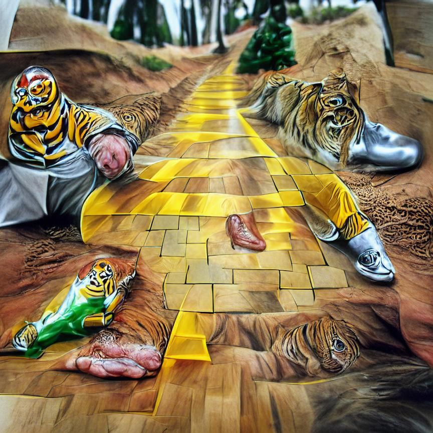 Hyperrealistic Tiger Man on the Yellow Brick Road