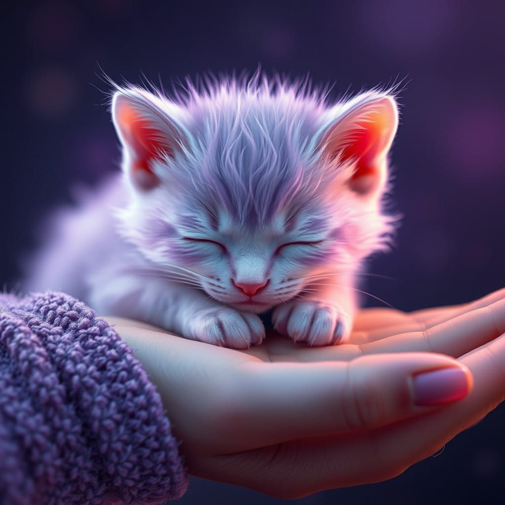 Enchanted Kitten in Lavender Hues Slumbers on Palm
