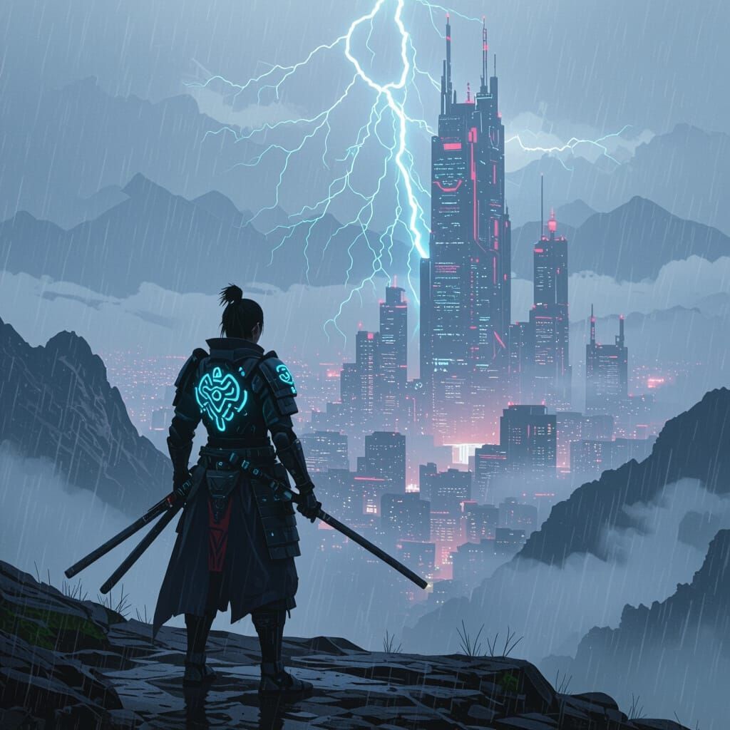 Cyberpunk Samurai Overlooking Neon City