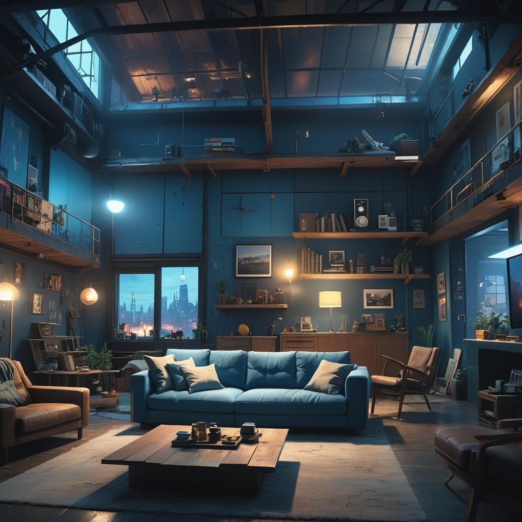Modern Loft at Night in Maximalist Style