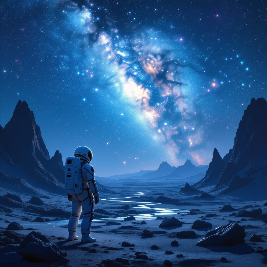 Astronaut Gazes at Bioluminescent Nebula on Alien Planet