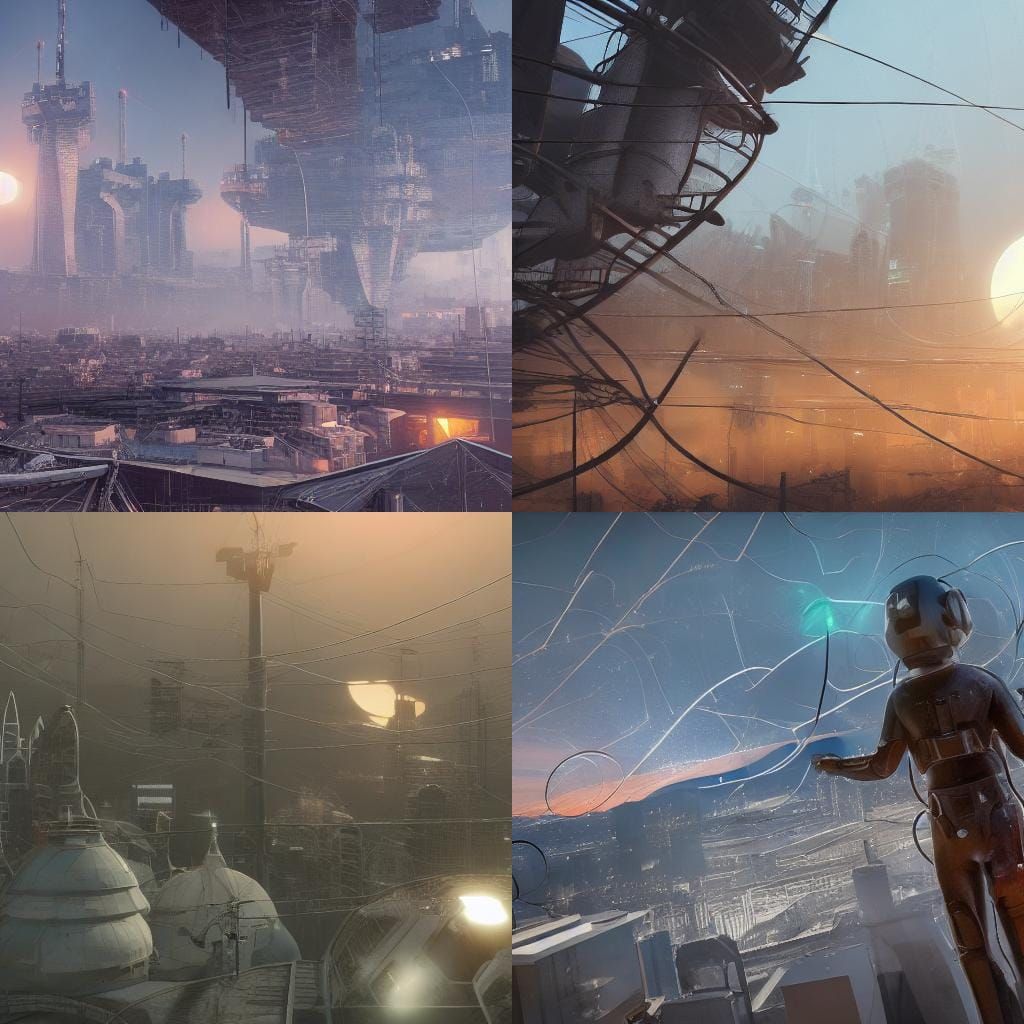 Futuristic High-Voltage Line Worker at Sunset