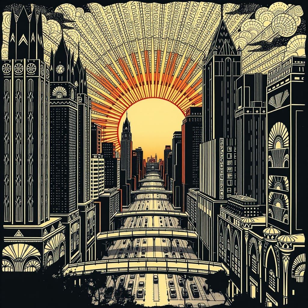 Elegant Art Deco Cityscape in Radiant Black Ink
