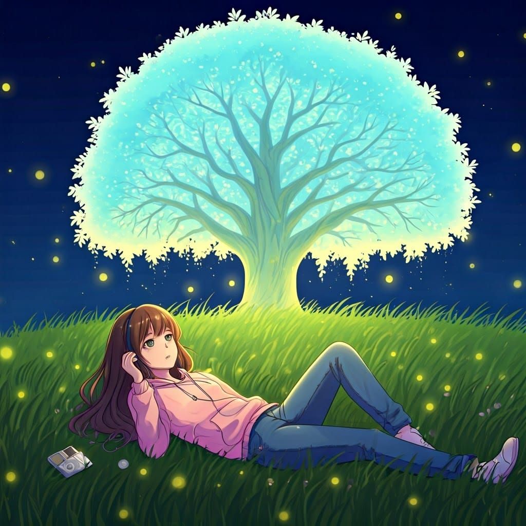 Pastel Dreamscape with an Anime Girl in a Lush Meadow