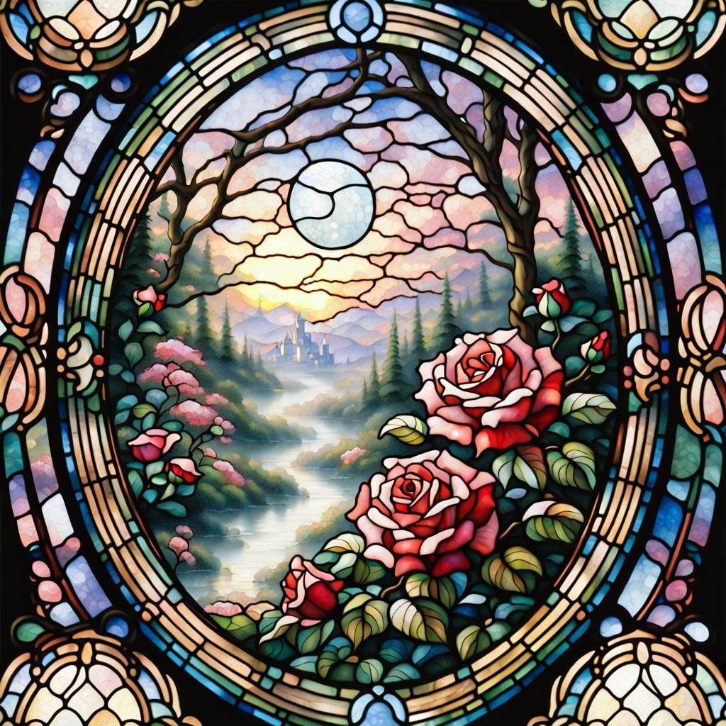 Ethereal Rose Flowers in Stained Glass
