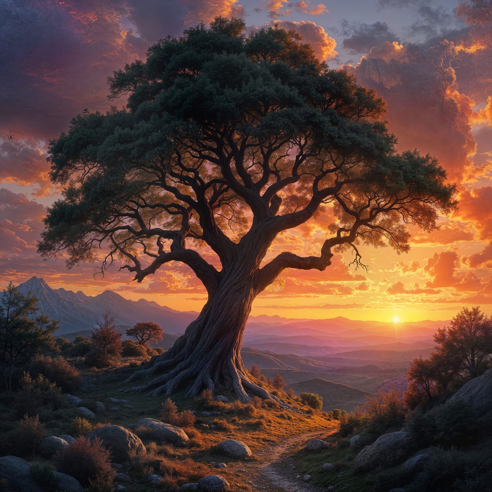 Vibrant Sunrise Fantasy Landscape with Inspiring Tree