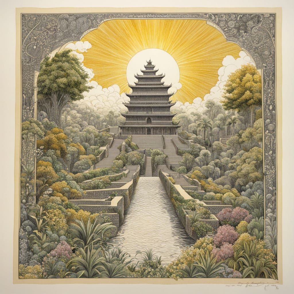 Hanging Gardens of Babylon: Soft Ink Drawing