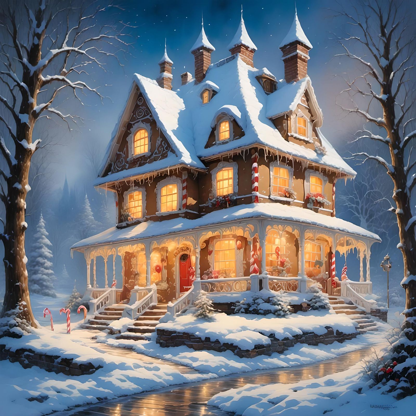 Detailed Gingerbread House in Winter Wonderland