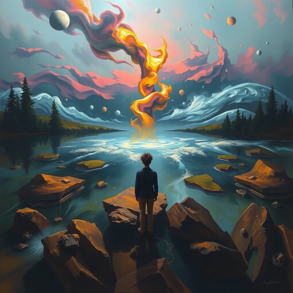 Surrealist Dreamscape with Lost Figure in Vibrant Colors
