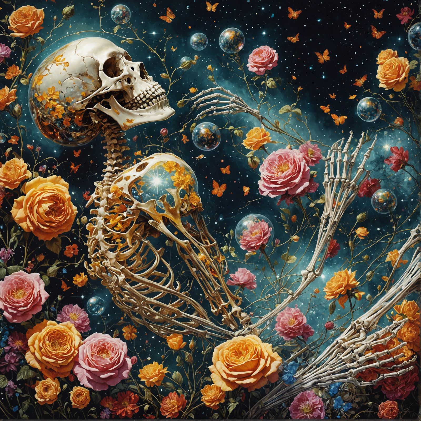 Celestial Skeleton Melts into Stardust Flowers