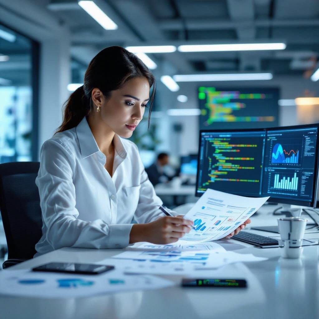 Businesswoman Analyzing Data with SQL in Futuristic Office