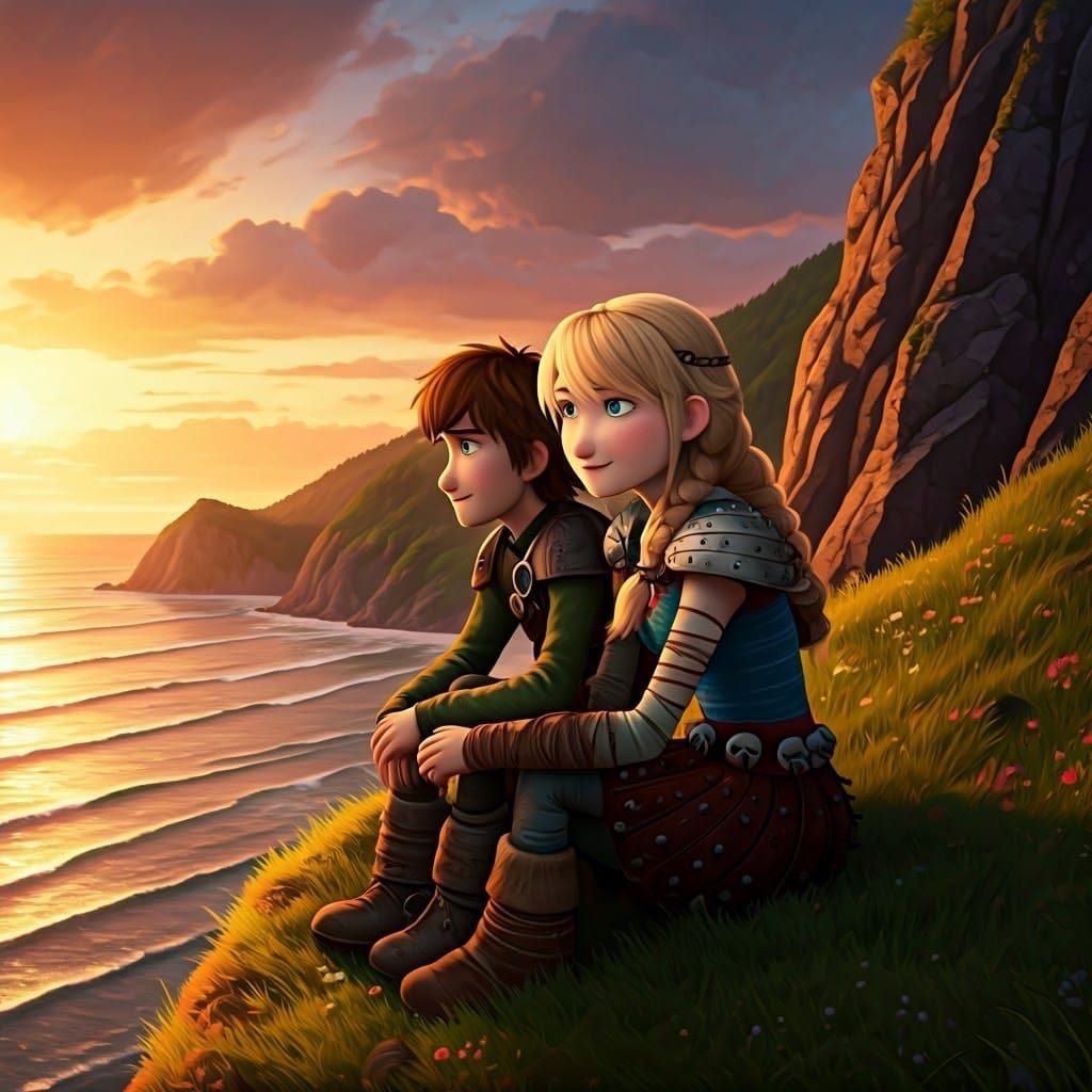 Young Hiccup Haddock and Astrid in Sunset Glow
