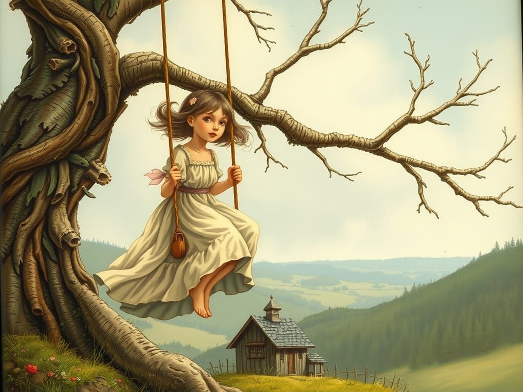 Girl on a Swing in Beatrix Potter Style