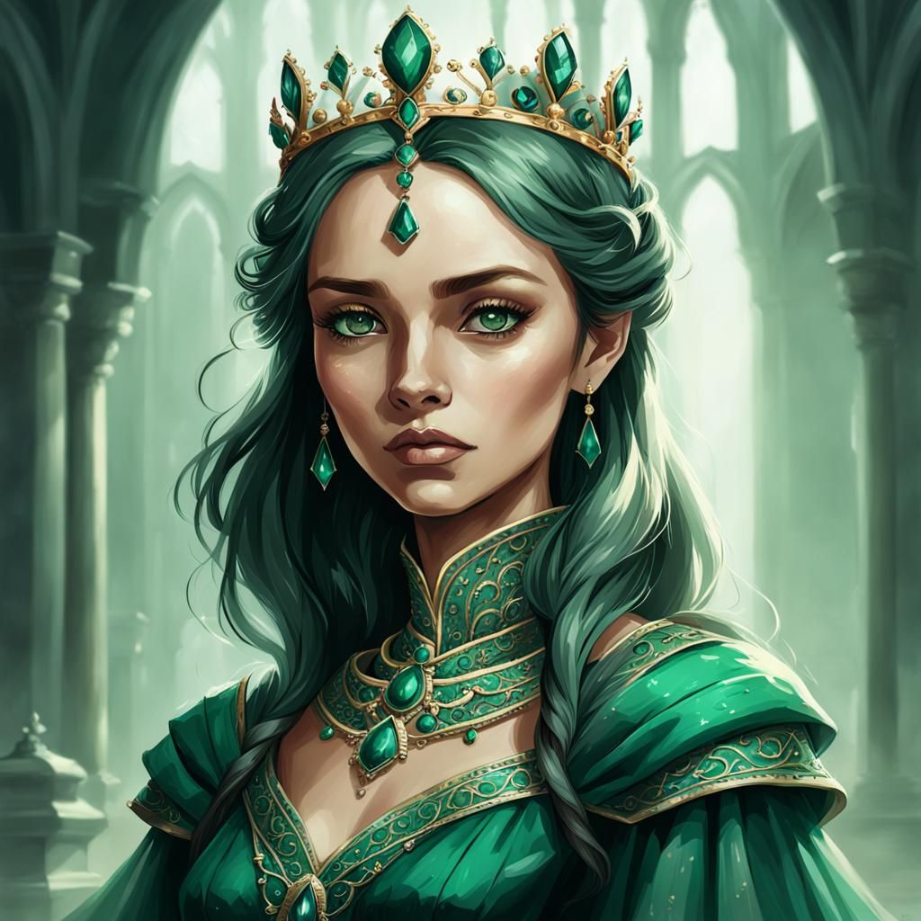 Kind Queen in Emerald Dress: Fantasy Concept Art