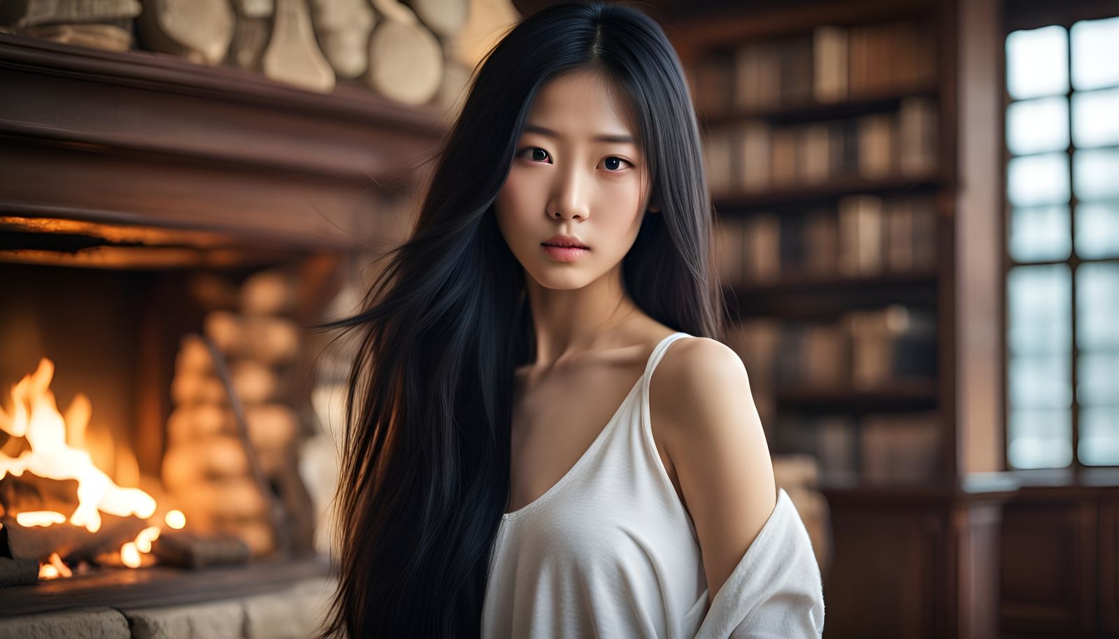 Korean Girl Portrait with Fireplace in Splash Art Style