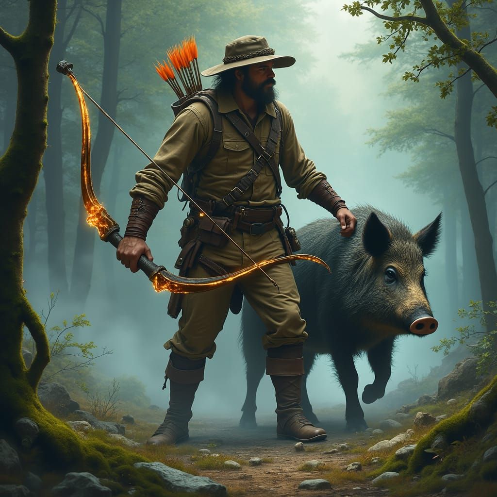 Forest Ranger and Boar in Mystical Landscape
