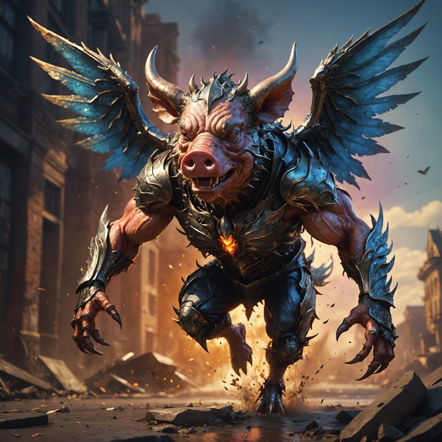 Hyperrealistic Pig-Faced Demon with Metallic Wings