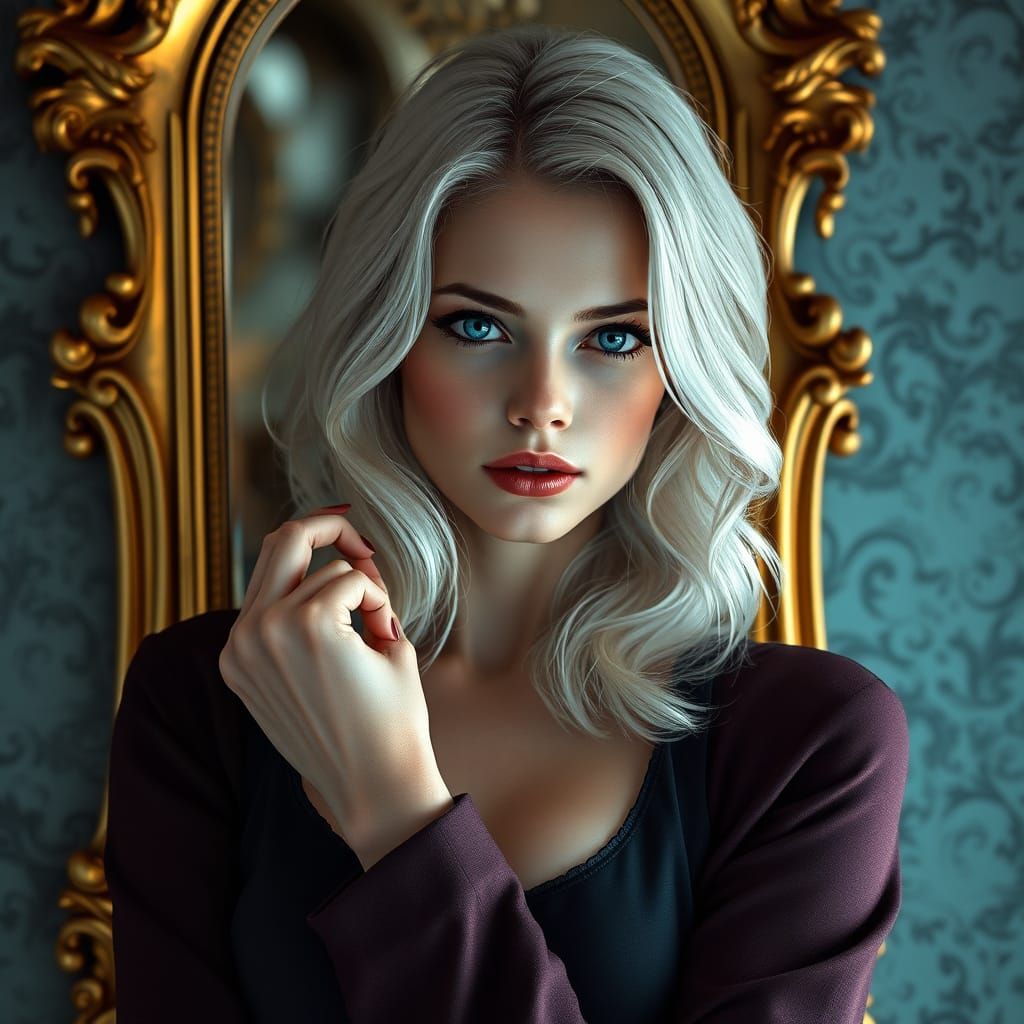 Ethereal Young Woman Poses in Front of Ornate Mirror