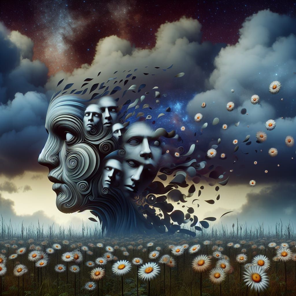 Surreal Character Disintegrating in Floral Field