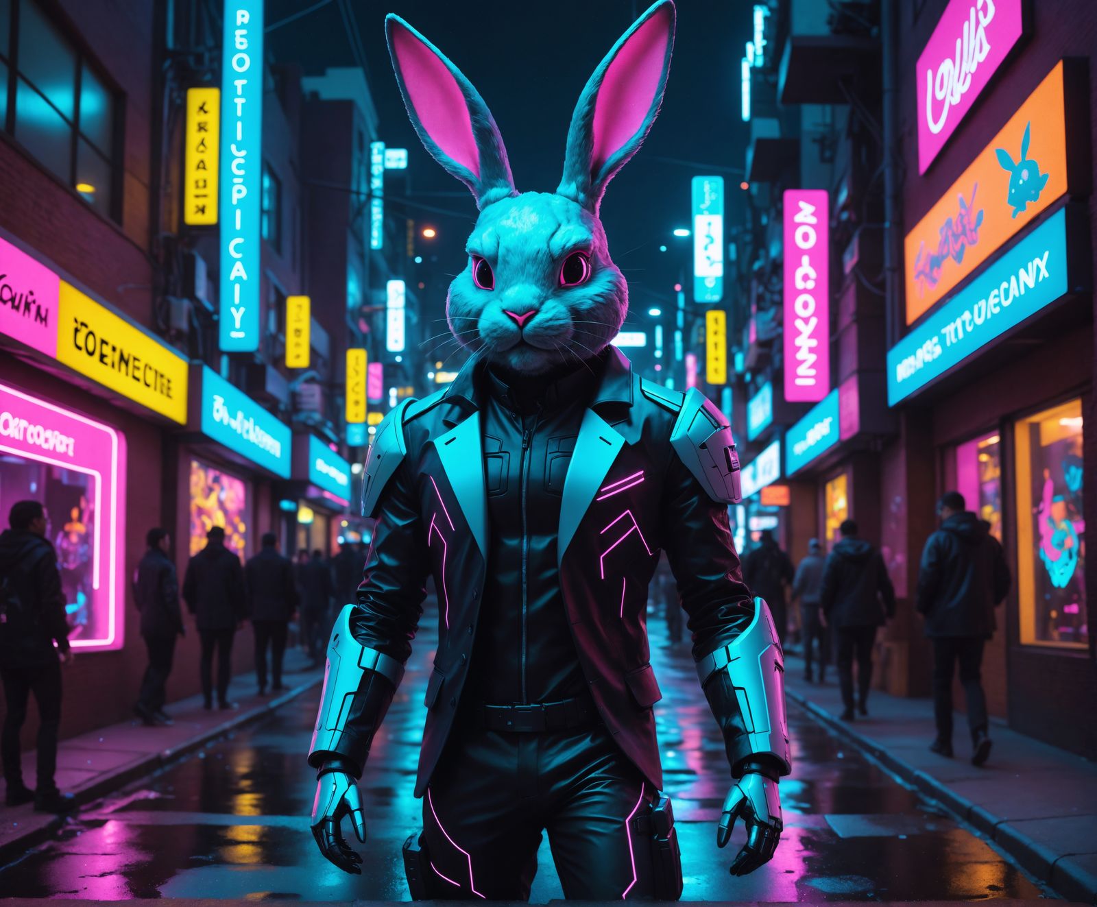 envision a cyberpunk Easter Bunny, clad in a sleek, neon-lit suit, hopping through the neon-drenched streets of a futuri...