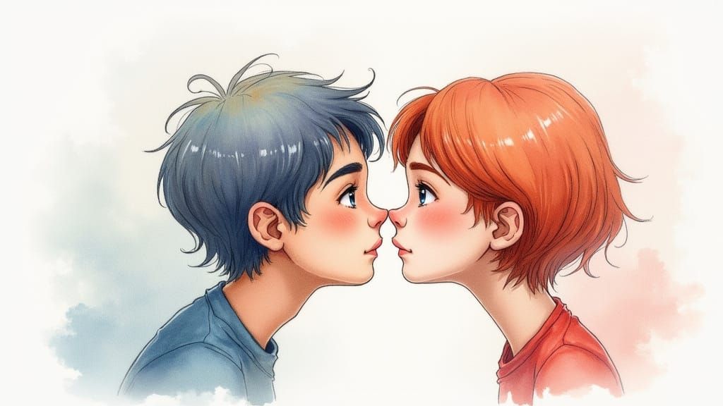 Couple Falling in Love, Realistic Watercolor and Pencil Art