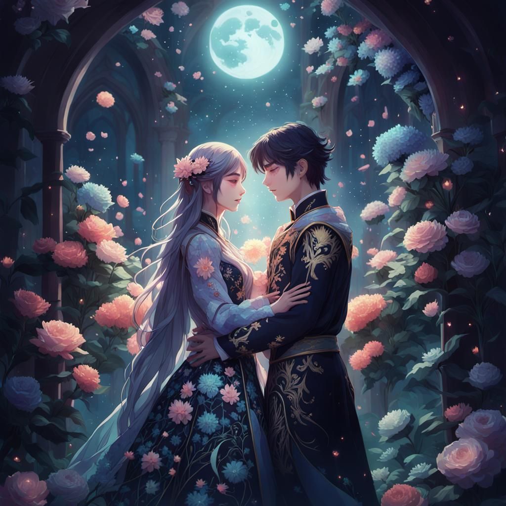 Mystical Lovers in Moonlit Garden, Anime Style