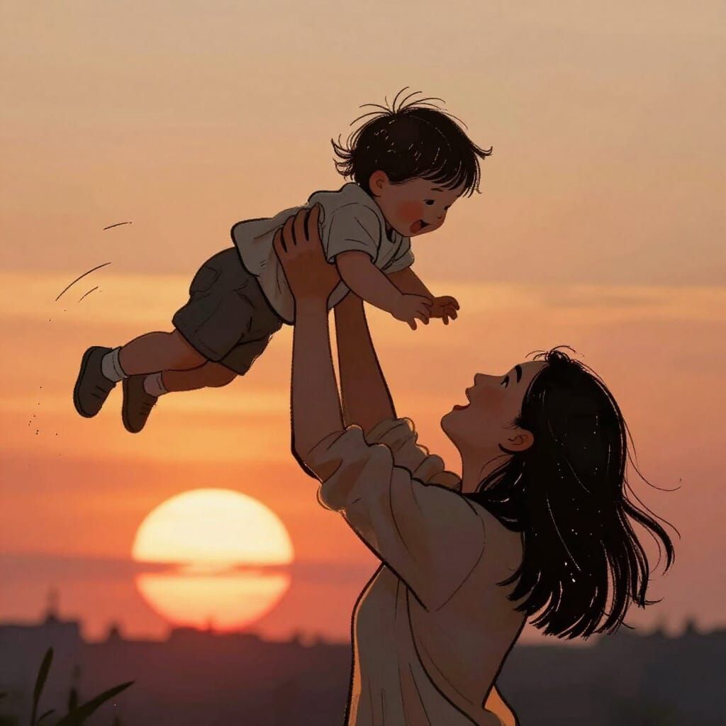 Mother Lifts Toddler in Glowing Sunset, Whimsical Illustrati...