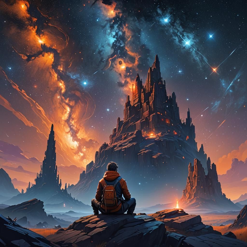 Contemplative Figure Surrounded by Mystical Galaxy