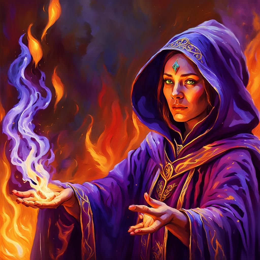 Sorceress Casting Fire Spell in Oil Painting Style