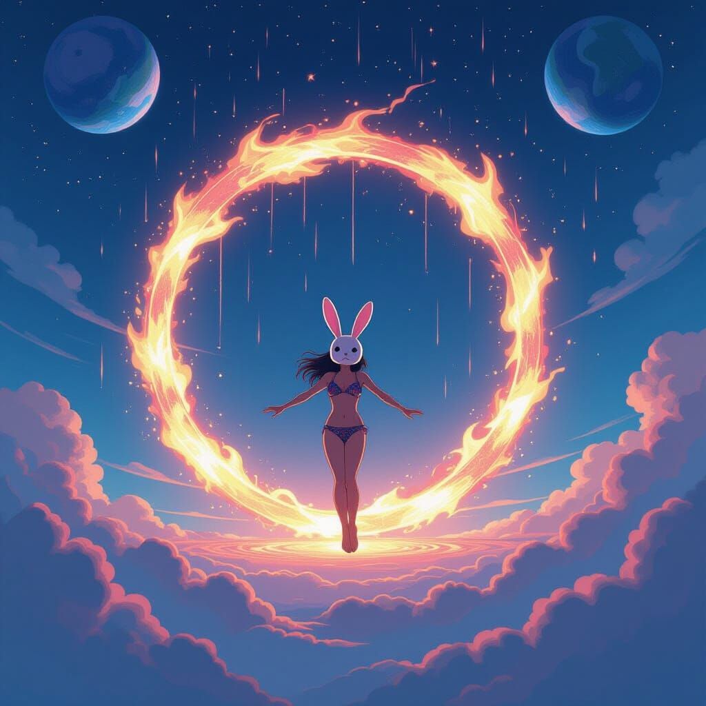 Surreal Ring Portal with Dancing Figure in Cosmic Sky