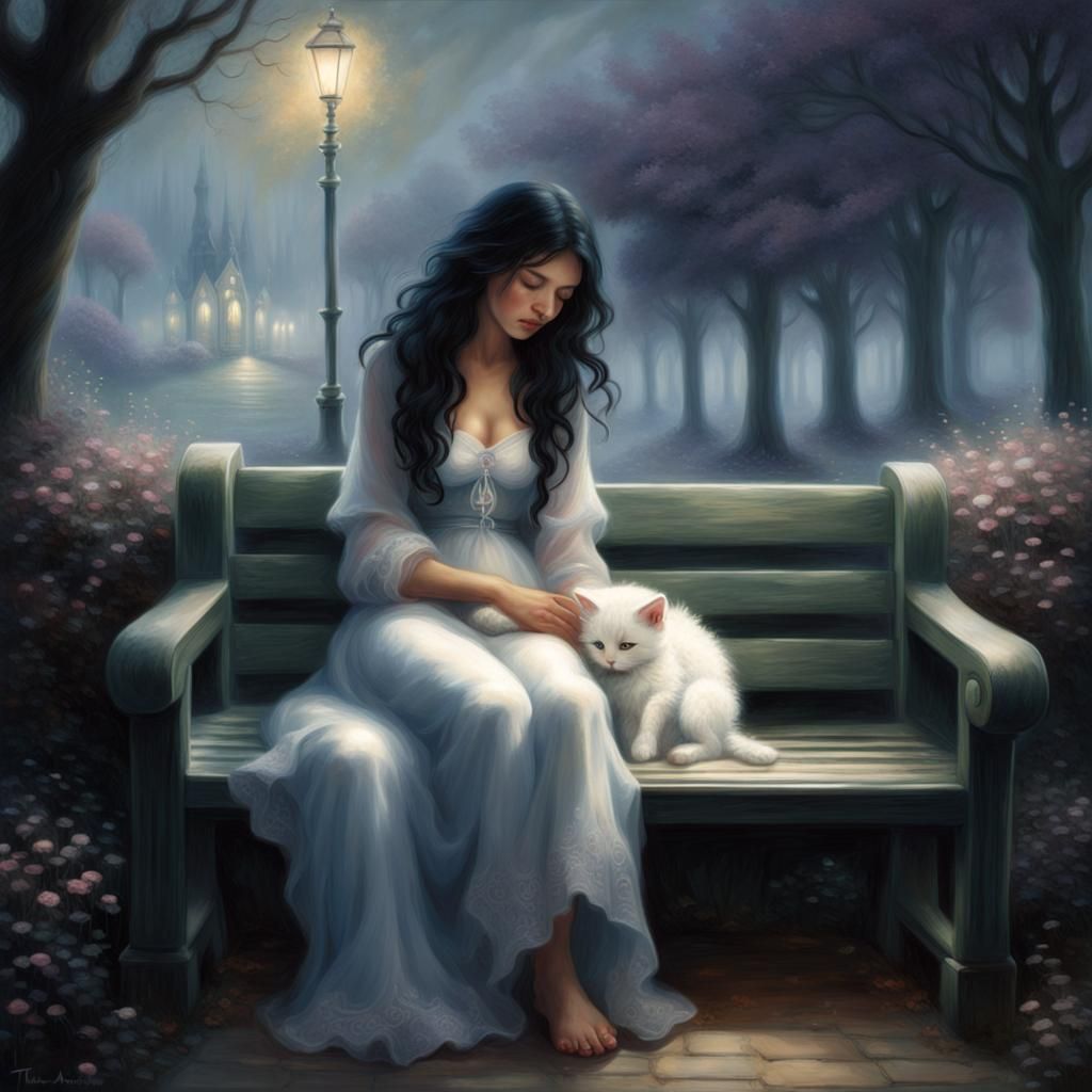 Ethereal Kitten Comforts Crying Woman in Fog