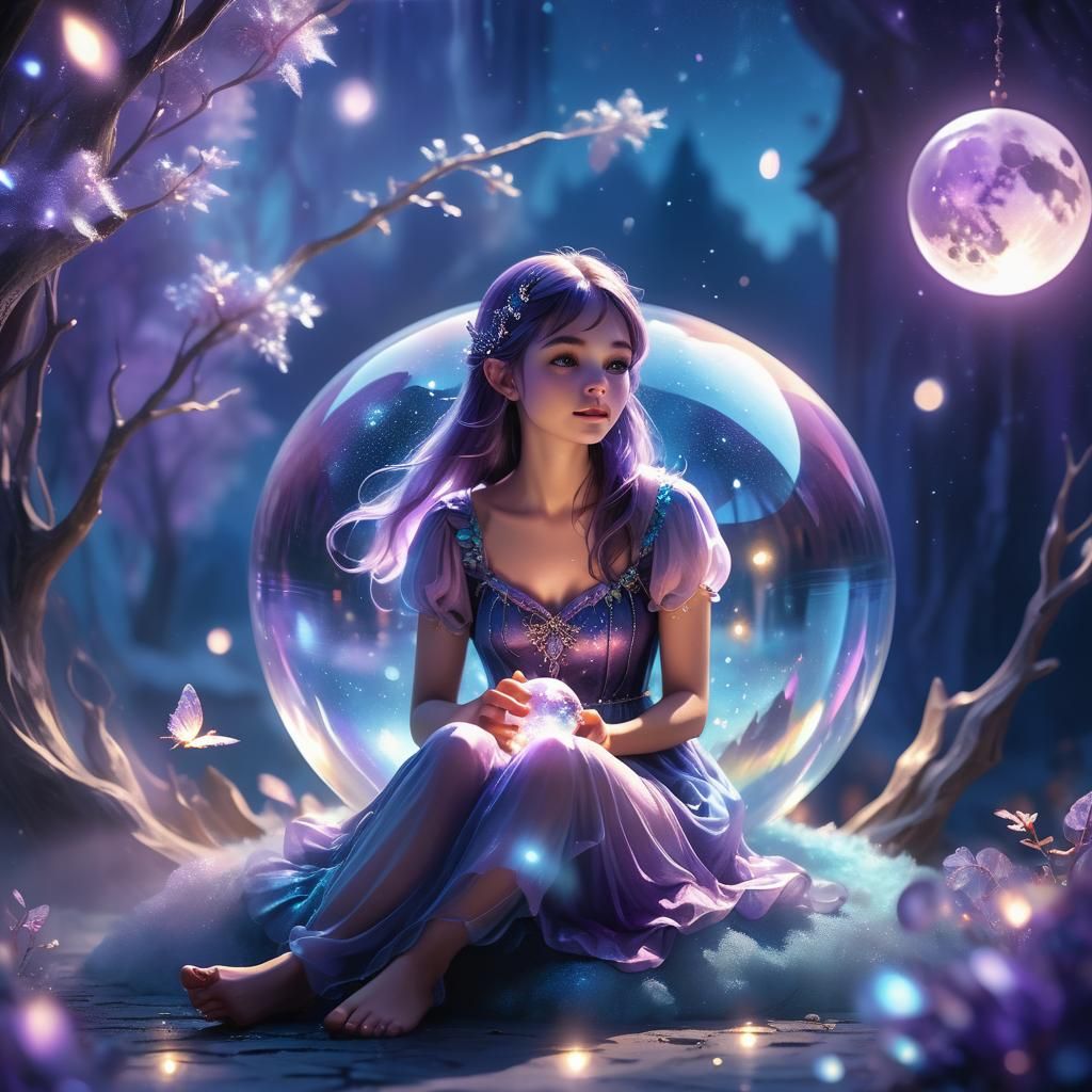Girl on Crystal Ball in Moonlit Dreamscape