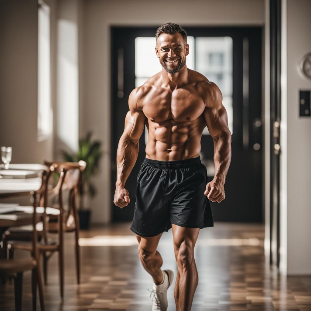 Smiling Muscular Man Walking Indoors, Professional Photograp...