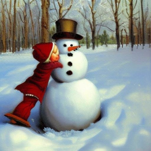 Snowman in Snowy Field: Oil Painting by Gurney