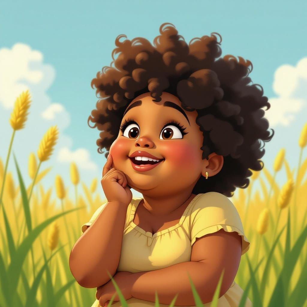 Cheerful Black Girl in Grassy Field: Animation Cel Art