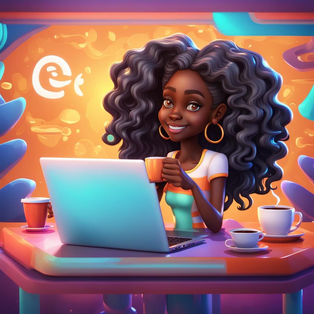 cartoon image of Beautiful black girl with long wavy shiny h...