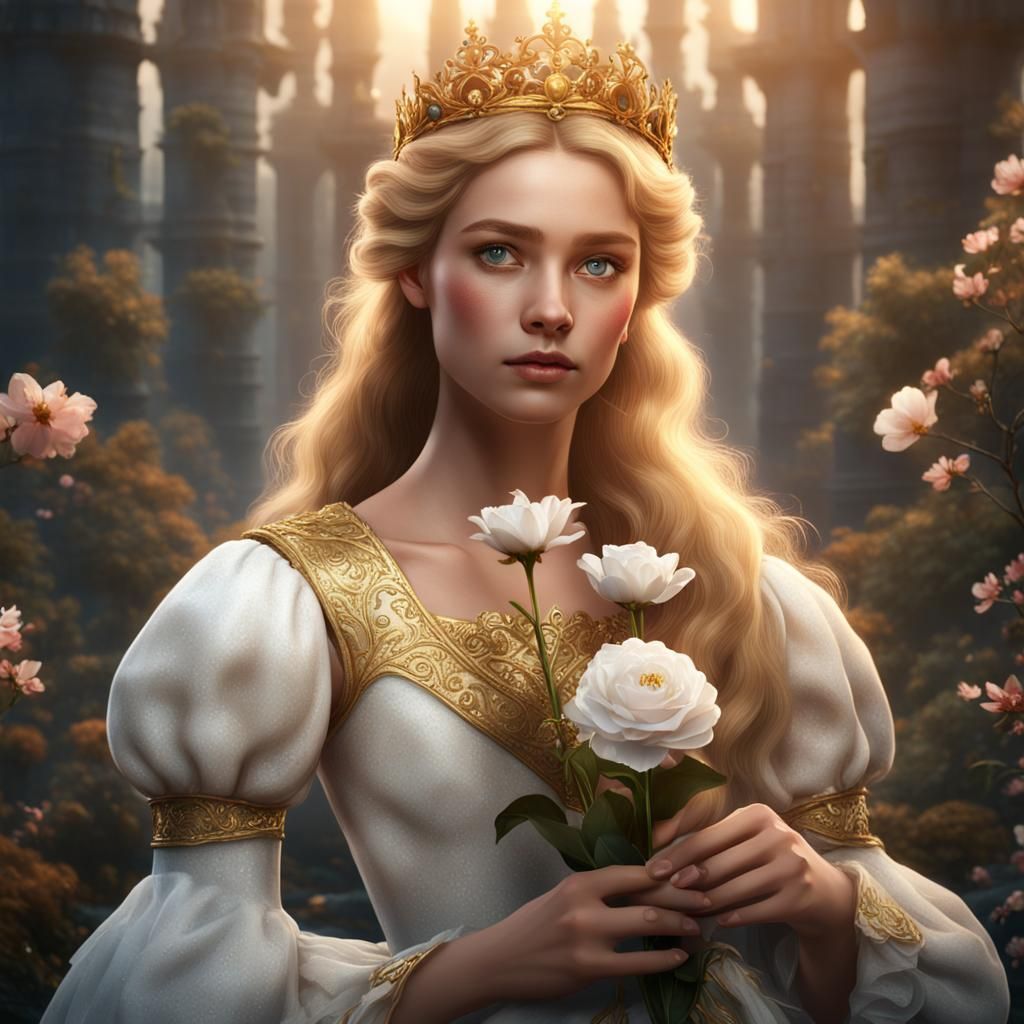 Golden-Haired Princess Holding Flower: Fantasy Concept Art