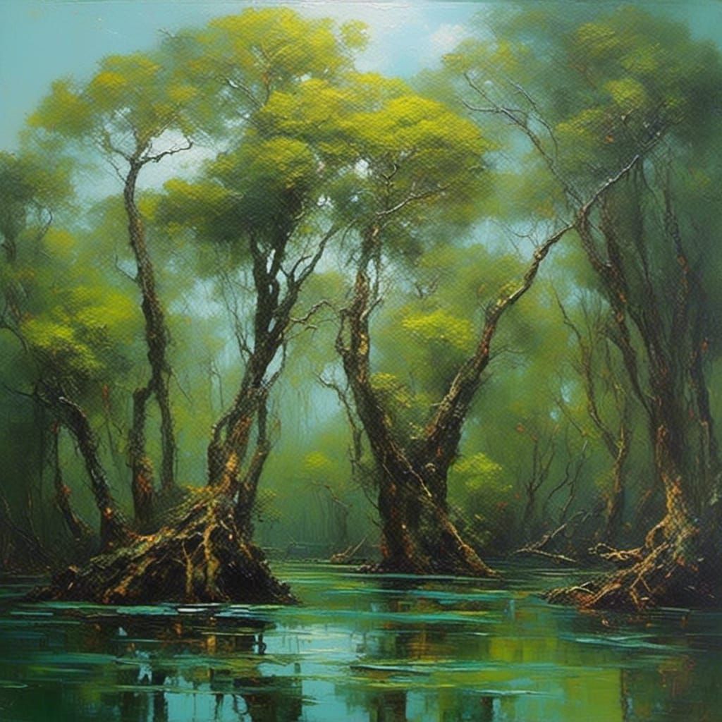 Mangrove Landscape in Impasto Oil Painting Style