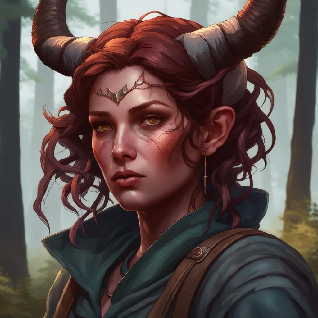Detailed Portrait of a Tiefling Woman in Forest