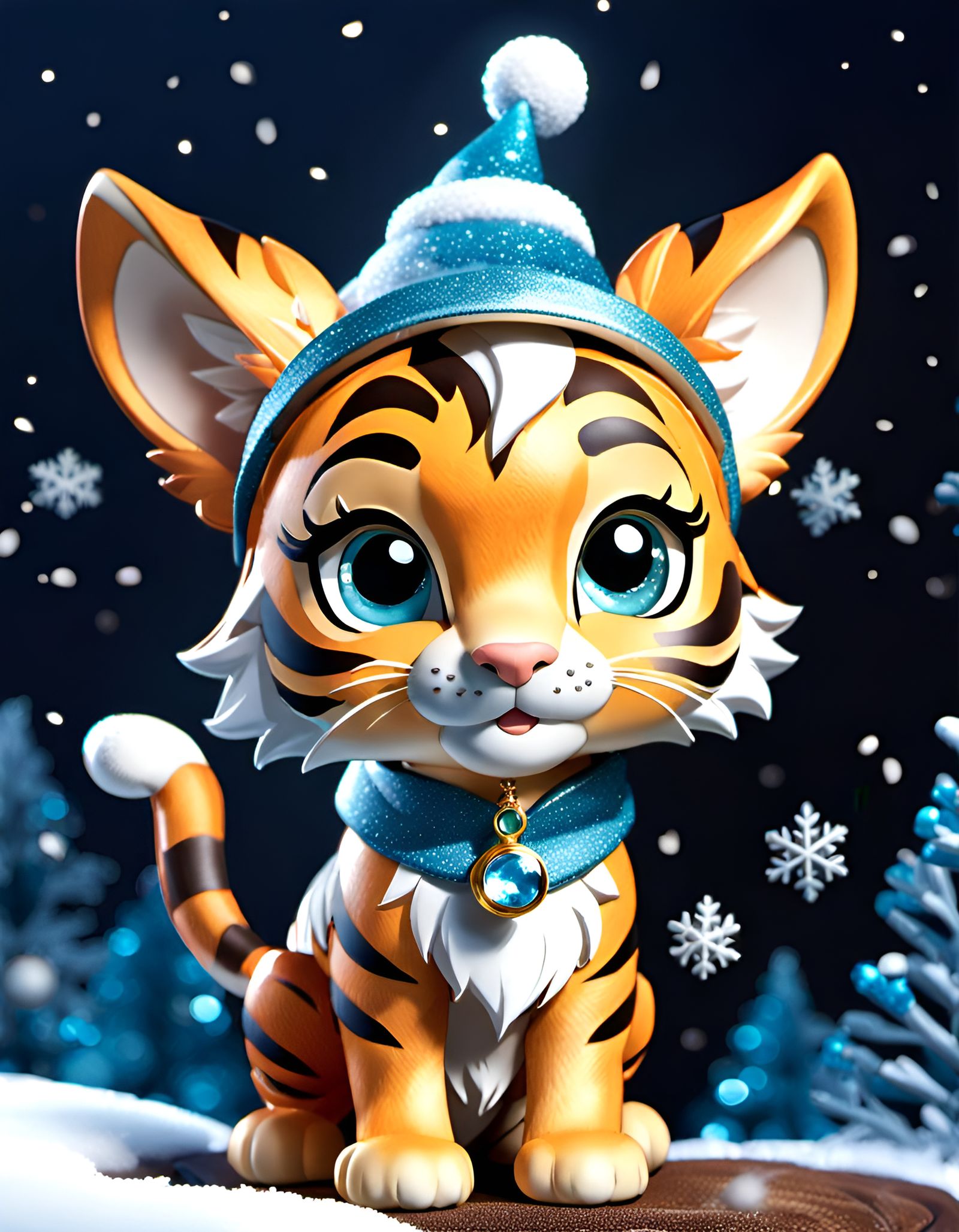 Chibi Tiger Elf in Winter Wonderland, Digital Illustration