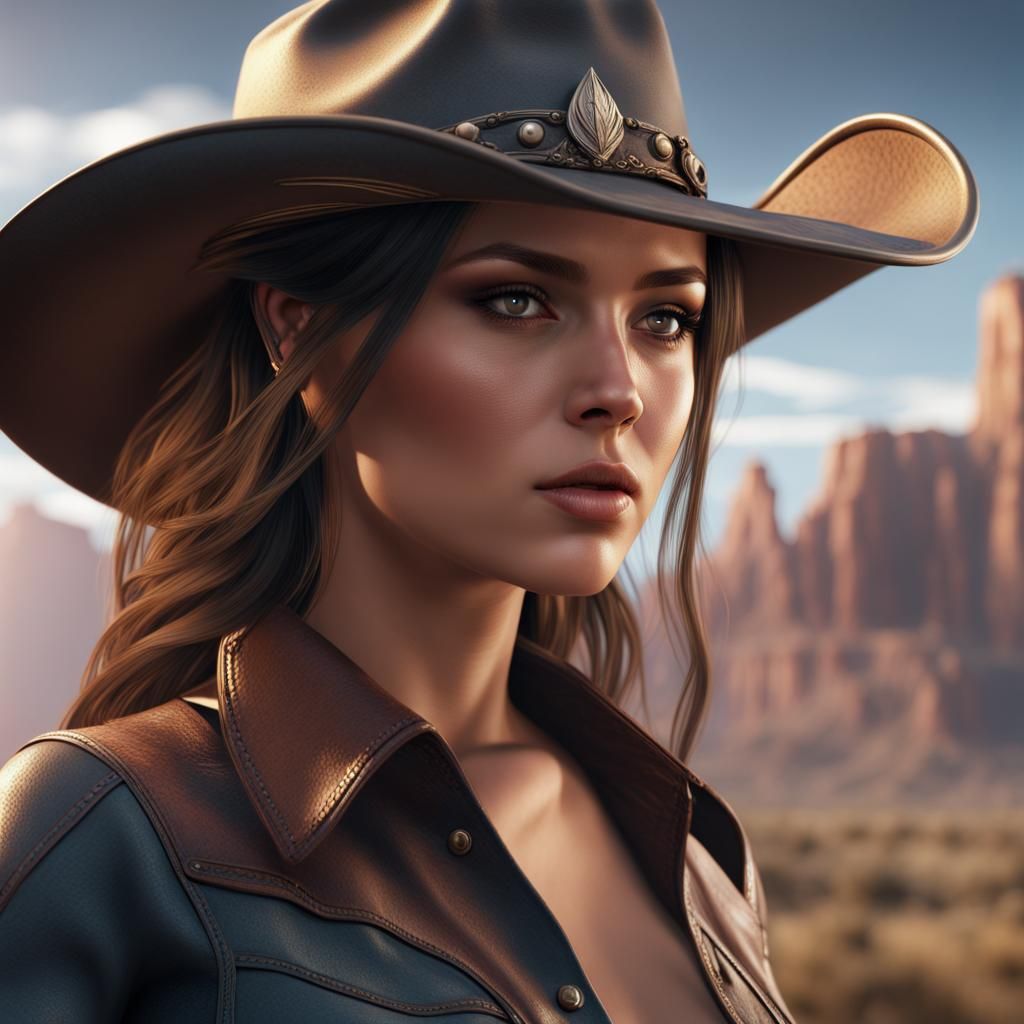 Beautiful Woman in Cowboy Hat, Detailed Matte Painting