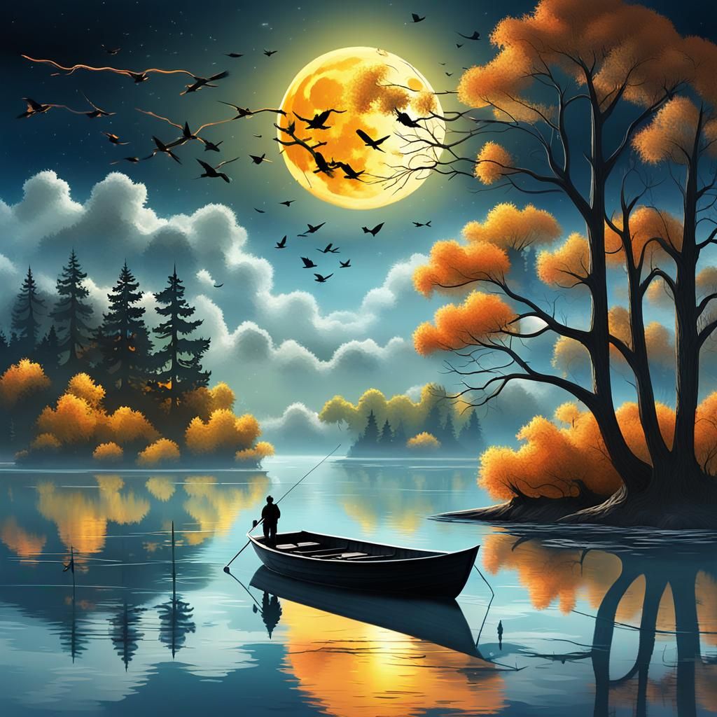 Angler on Lake Under Giant Moon in 3D Art