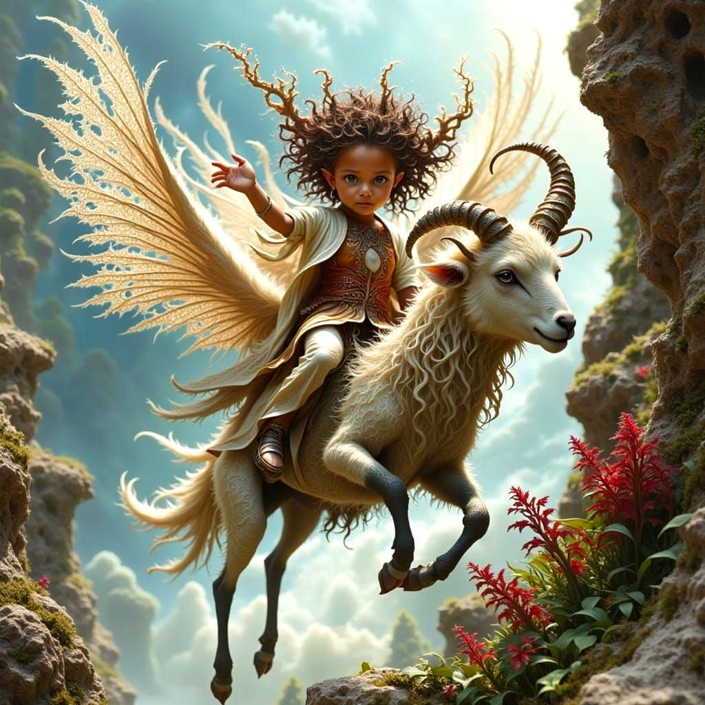 Scared Lamb and Child Fleeing Lion in Ravine