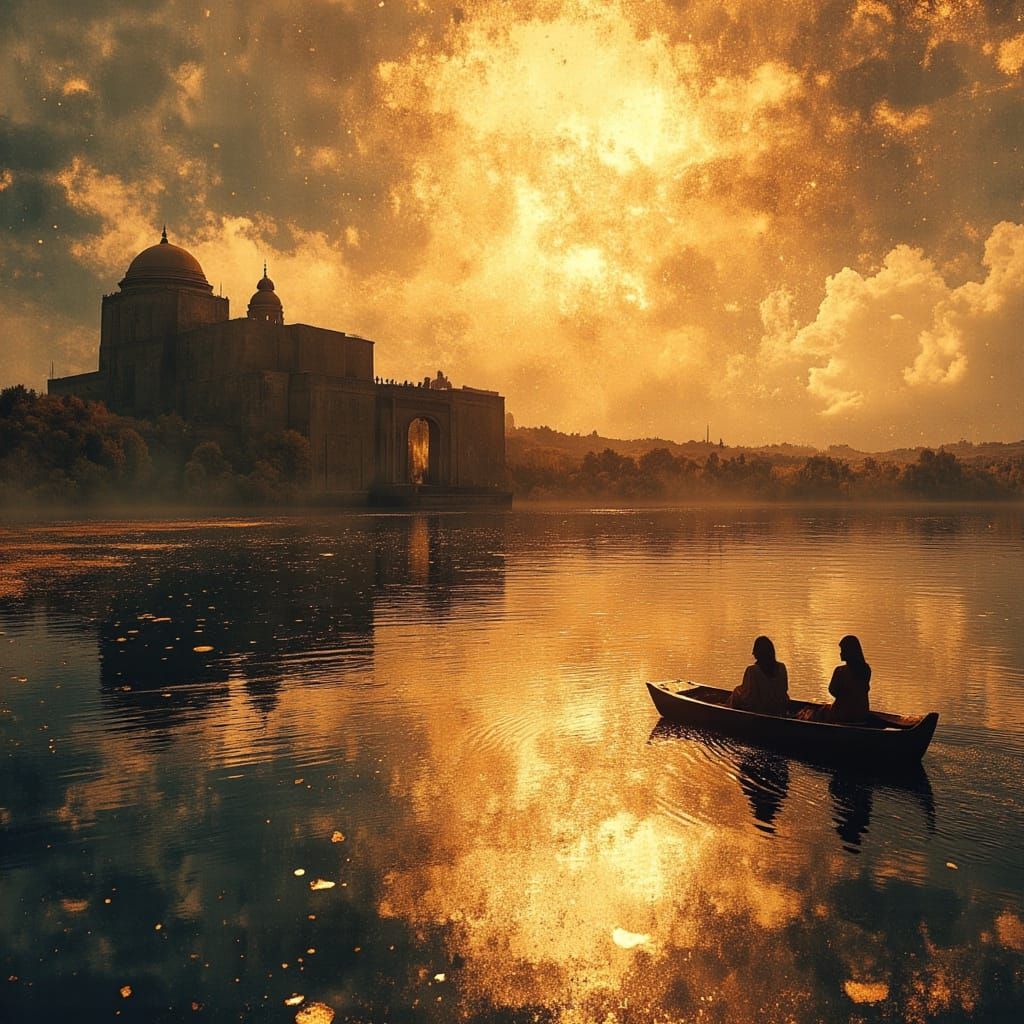 Egyptian Castle at Sunset with Shadow Figures